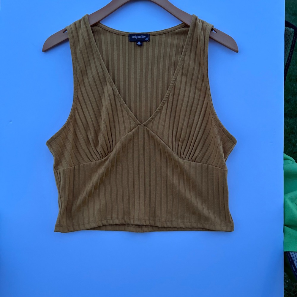 Originality Mustard Yellow Ribbed Knit V-Neck Cropped Tank Top XL Made in USA